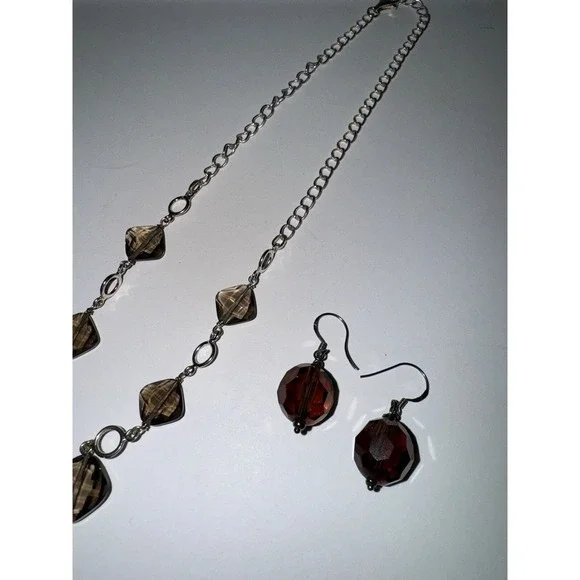 Smoky Quartz Sterling Silver Necklace Earrings  Jewelry Tigers Eye .925 - Picture 2 of 5